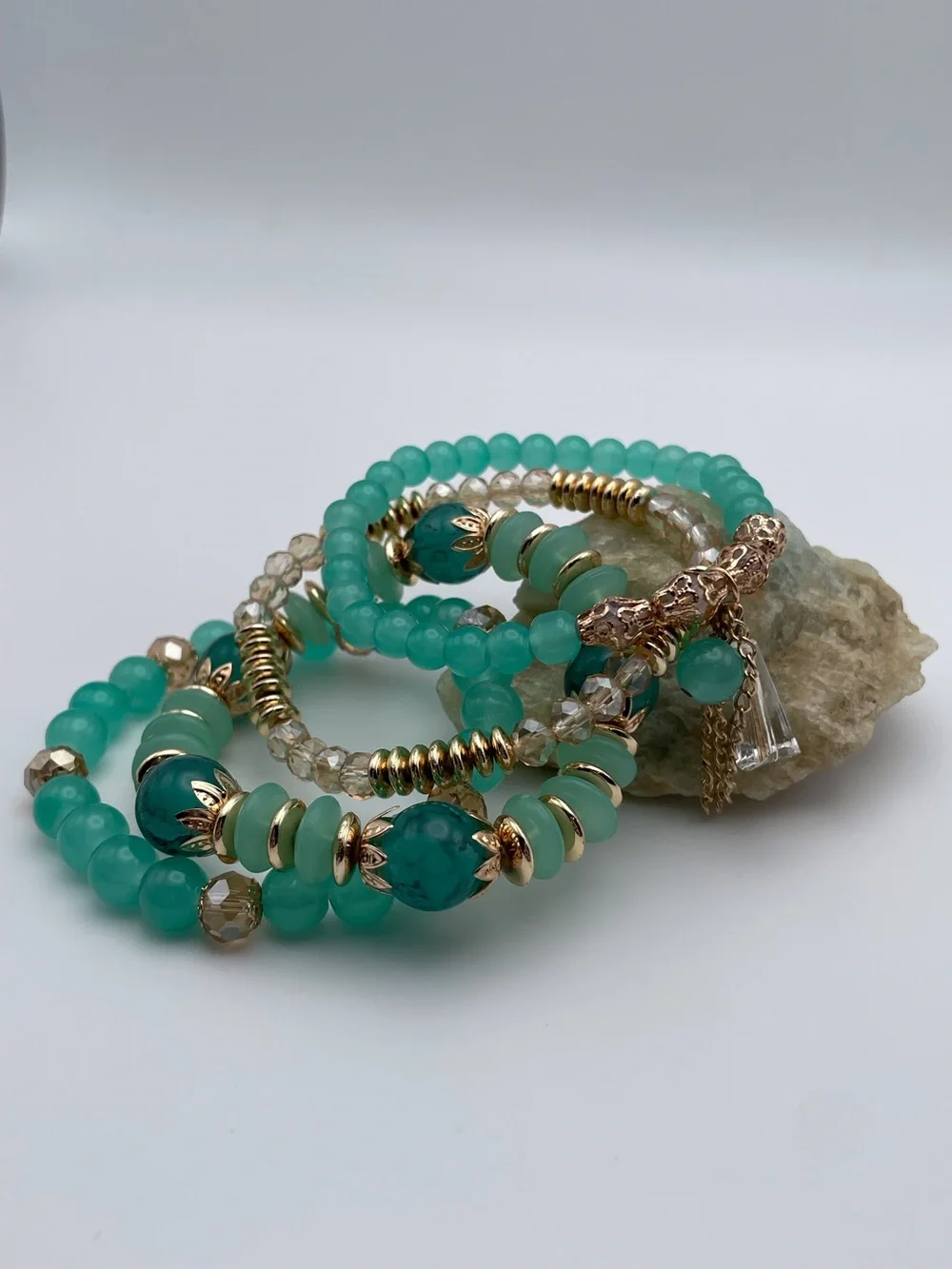 4 Piece Tassel Charm Beaded Stretch Bracelet Aqua